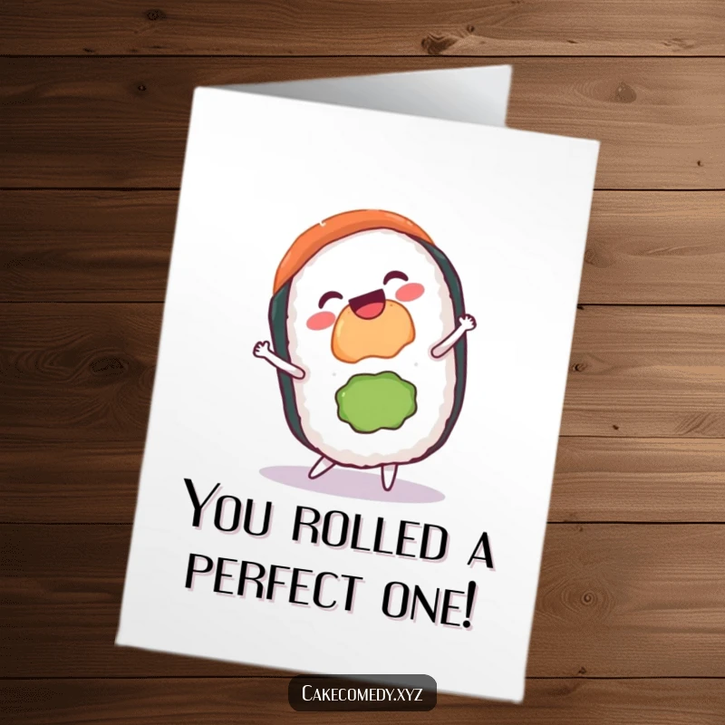 Funny Free Printable Congrats Card: A gleeful sushi roll with a grin performs a cartwheel, a dynamic print-at-home congratulatory message.