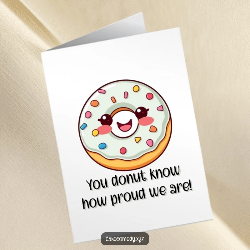 Funny free printable congratulations card showing a happy donut with sprinkle buttons celebrating an achievement.