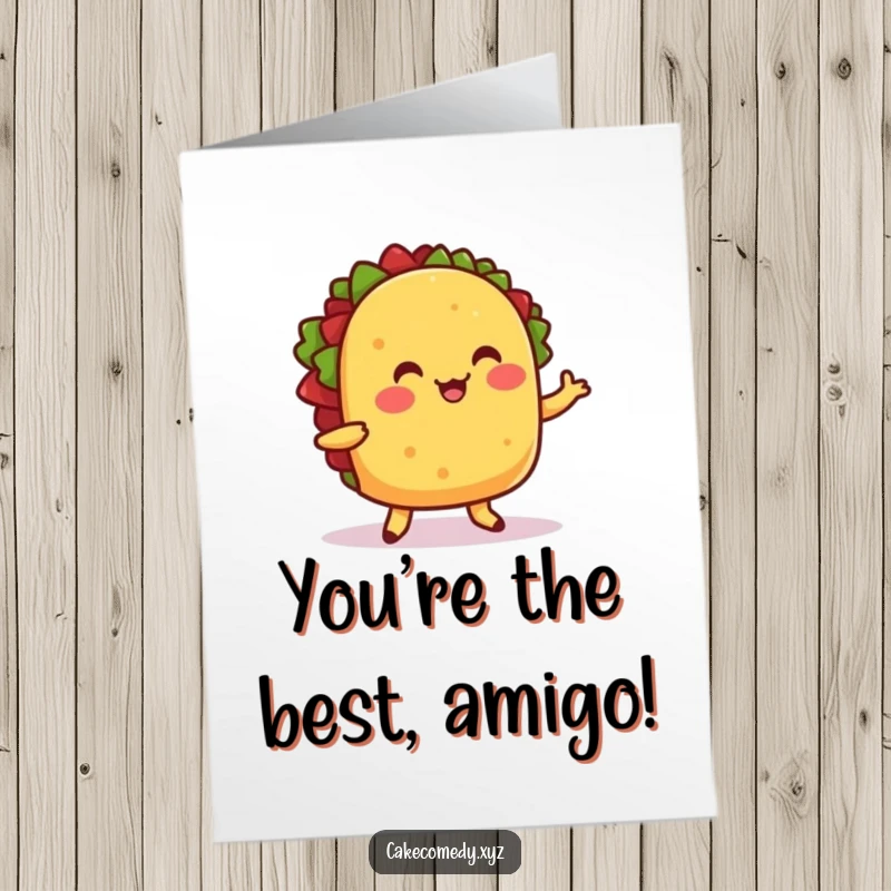 Funny Free Printable Congratulations Card: A cheerful taco with little feet doing a funny wiggle dance, celebrating an achievement.