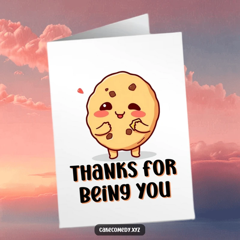 Funny Free Printable Cookie Thank You Card: A giggling cookie character with a mischievous bite mark offers thanks.