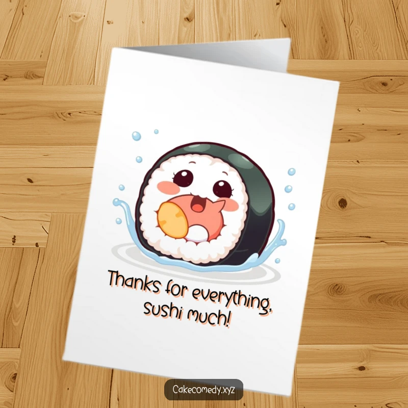 Funny free printable thank you card featuring a giggling sushi roll with tiny fins splashing happily.