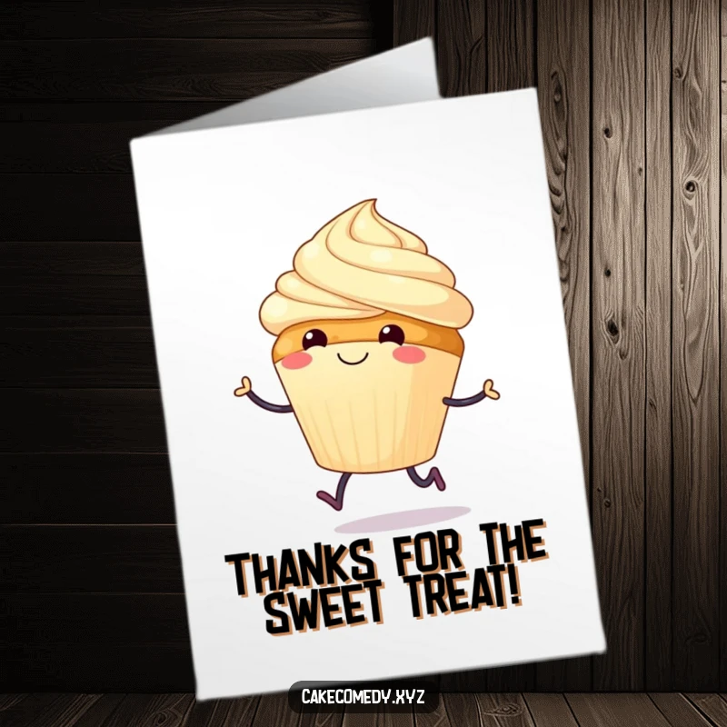 Funny Free Printable Thank You Card: A smiling cupcake with tiny legs hops joyfully, conveying a sweet thank you.