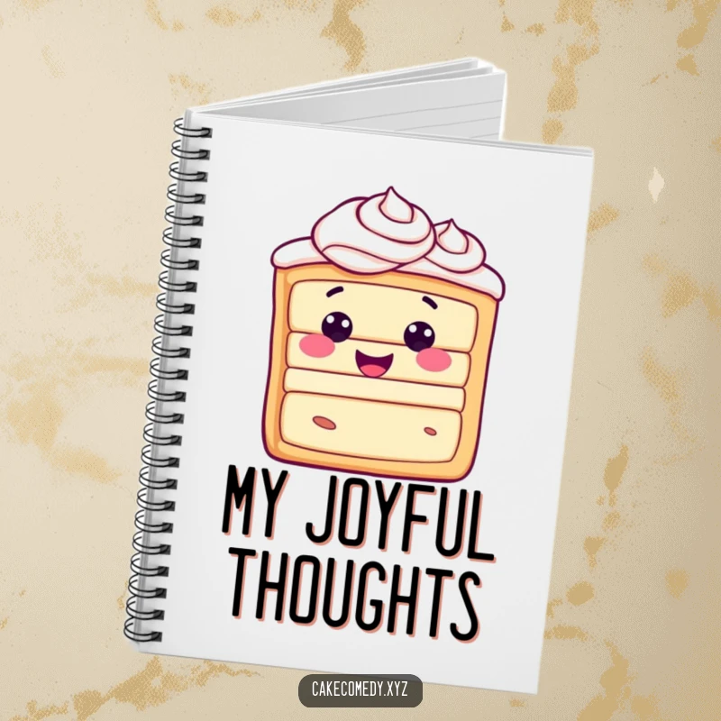 Funny happy cake slice character with frosting swirls on a notebook, inspiring joyful thoughts and creative writing.