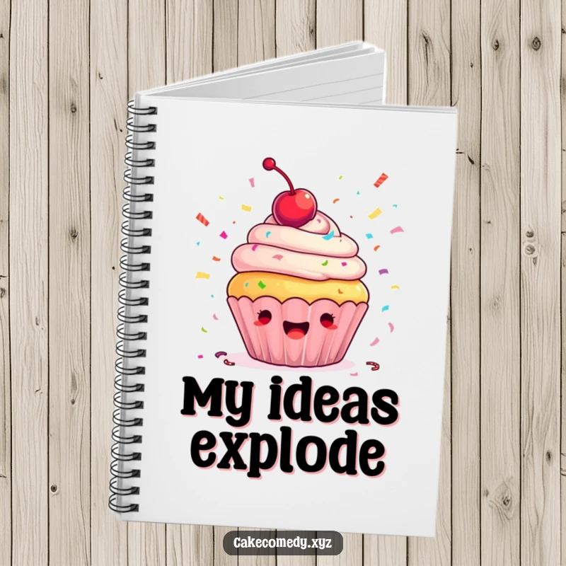 Funny cupcake notebook with an ecstatic cupcake, cherry on top, throwing colorful confetti, designed for jotting down humorous thoughts and ideas.