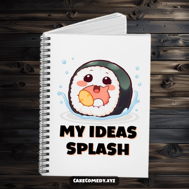 Funny sushi notebook with a giggling sushi roll and tiny fins splashing, ideal for jotting down notes with aquatic whimsy.
