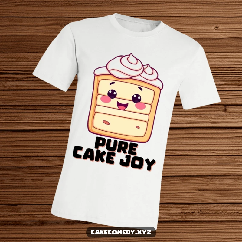 Funny happy cake slice character with frosting swirls on a t-shirt, radiating pure joy and irresistible cheerfulness.