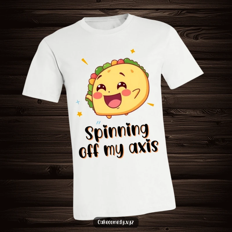 Funny spinning taco t-shirt featuring a delighted taco with a giddy expression, perfect for humor-loving foodies and active individuals.
