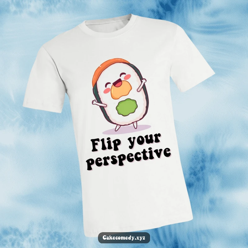 Funny sushi cartwheel t-shirt featuring a gleeful sushi roll with a grin, perfect for humor-loving foodies and active individuals with a zest for life.