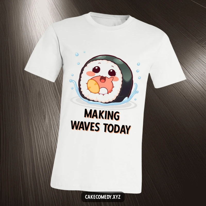 Funny sushi t-shirt featuring a giggling sushi roll with tiny fins splashing playfully, a unique and humorous apparel choice.