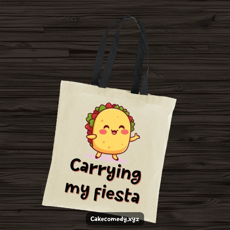 Funny tote bag with a cheerful taco dancing and wiggling its feet, symbolizing fun and food.