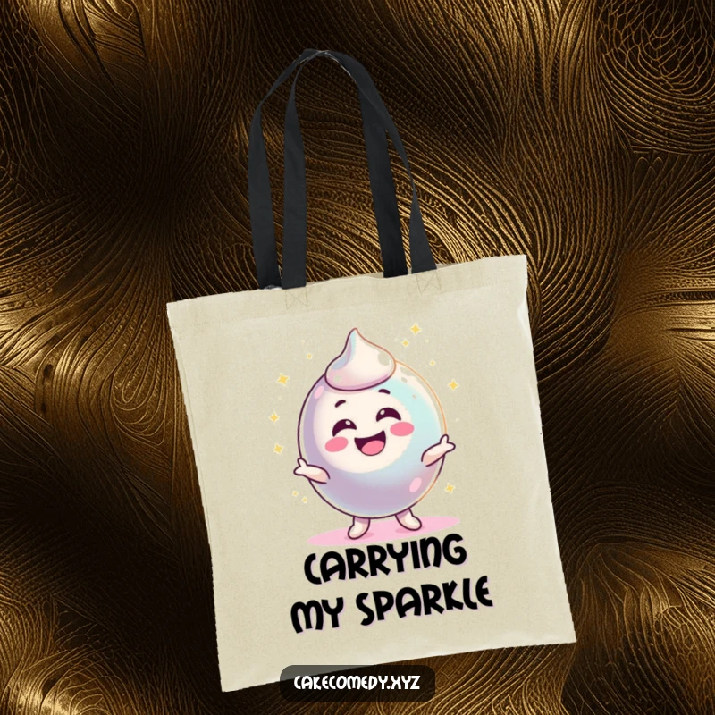 Funny delighted candy character wiggling and sparkling brightly on a tote bag, a statement of pure energetic joy.