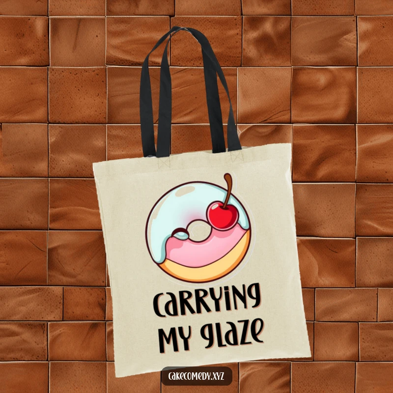 Funny glazed donut character winking with a cherry, featured on a durable tote bag, a charming and humorous accessory.
