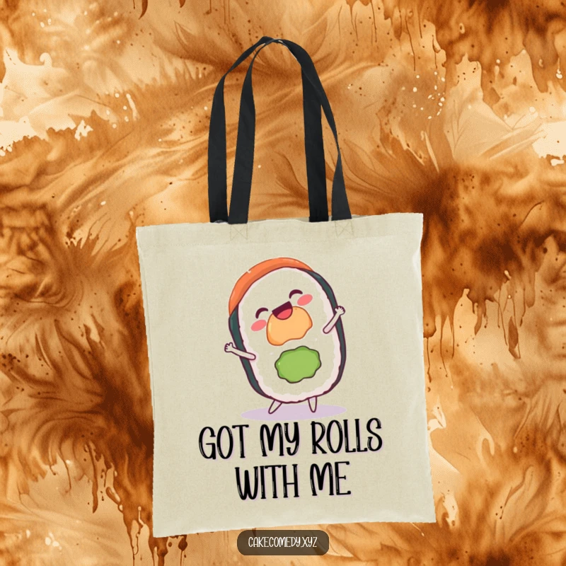 Funny sushi cartwheel tote bag showcasing a gleeful sushi roll with a grin, perfect for carrying items with a humorous and festive flair.