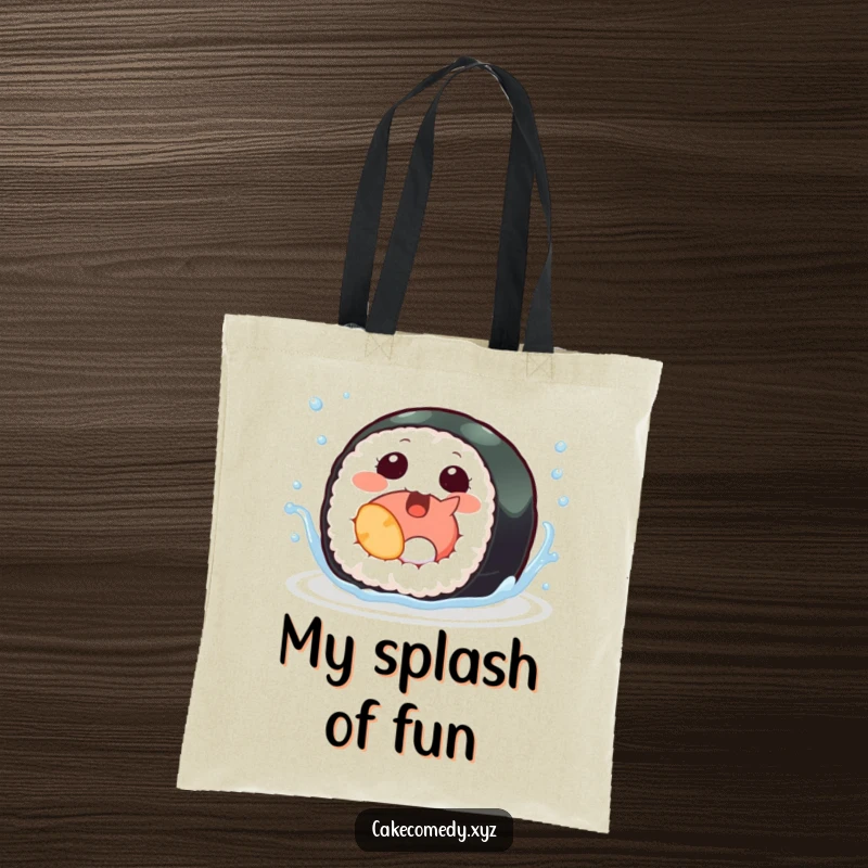 Funny sushi tote bag showcasing a giggling sushi roll with tiny fins splashing, a vibrant and humorous bag for everyday use.